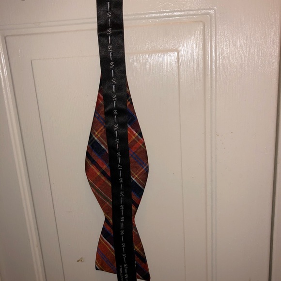 Orange and green plaid silk bow tie, adjustable - Picture 2 of 2